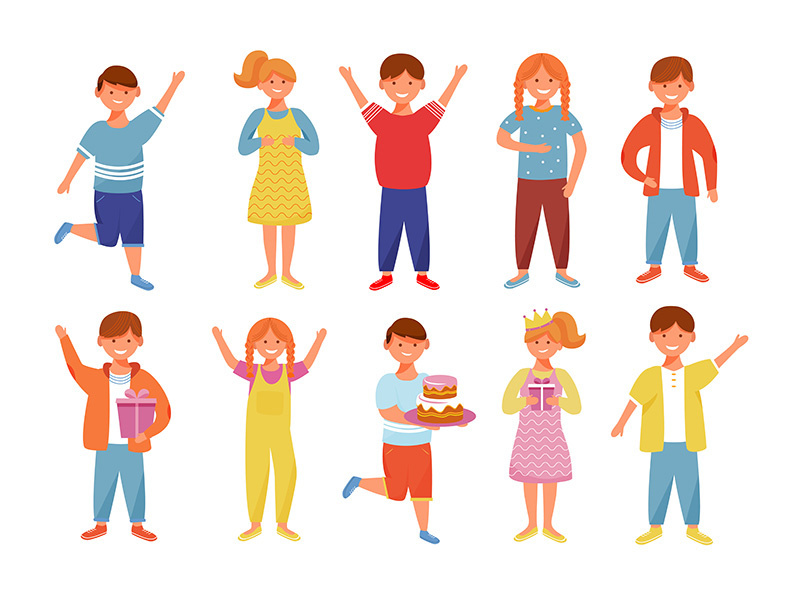 Smiling boys and girls flat vector illustrations set