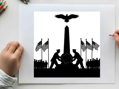 Silhouette of soldiers and monument with american flags and eagle silhouette