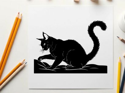 Black silhouette cat crouching low with tail up