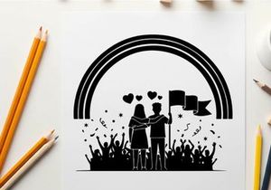 Lgbtq pride celebration silhouette with rainbow and crowd