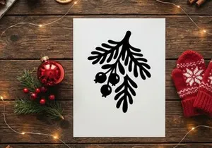 Black silhouette of a pine branch with berries for Christmas holiday design elements.