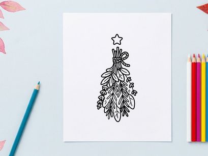 Handgezeichnete Halloween-Kieferndekoration mit goldenem Stern. Rustikales Herbsthandwerk für festliche Wohnraumgestaltung und saisonale DIY-Projekte.