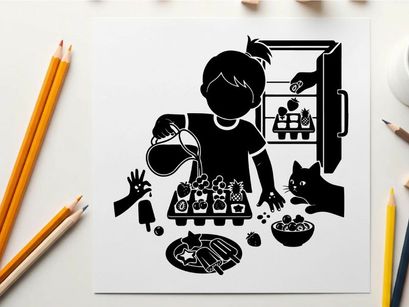 Silhouette of a child preparing food with a cat and hand