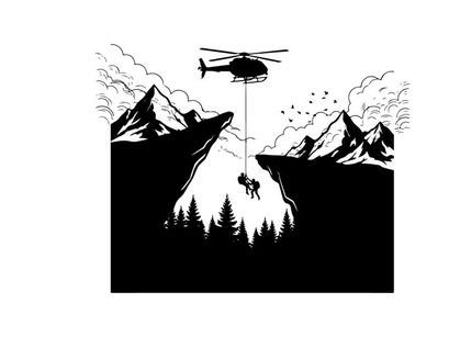 Silhouette of helicopter rescuing person in mountainous terrain with silhouette