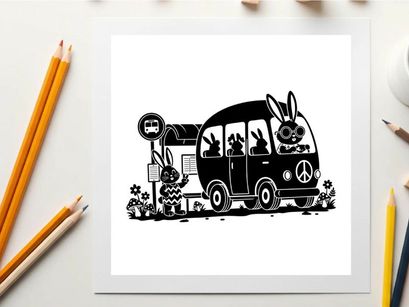 Peaceful silhouette of a bunny driving a psychedelic vw van