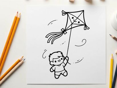 Child flying kite happy outdoor play vector illustration