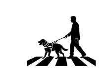 Man and guide dog crossing street in silhouette
