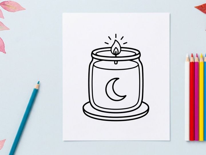Hand-drawn Halloween candle jar with flickering flame. Spooky night light illustration for festive decorations and party themes.