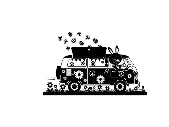 Silhouette of a decorated van with flowers and peace signs silhouette