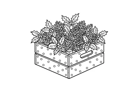 Christmas wooden crate with pine cones and holly leaves line art illustration