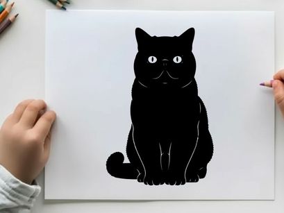 Black cat silhouette with glowing eyes on white background silhouette