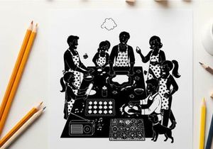 Family cooking together in a kitchen with silhouette