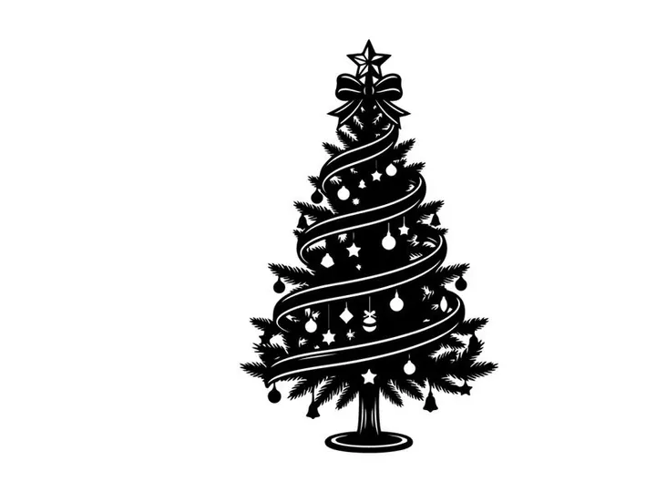 Ilustração de árvore de Natal em preto e branco com enfeites e fita em fundo branco
