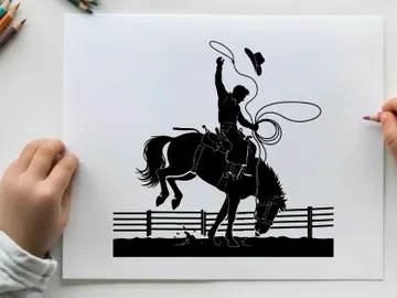 Cowboy riding horse silhouette with lasso and hat preview picture