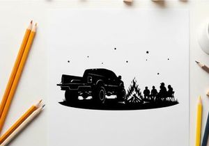 Silhouette of a vintage truck parked by a campfire with friends