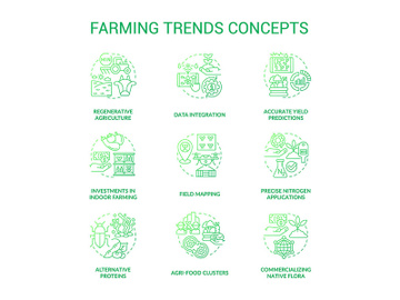 Farming trends green gradient concept icons set preview picture
