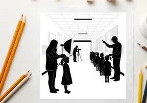 Silhouette of a line of children with adults in a hallway setting