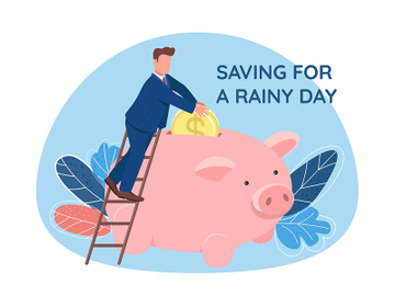 Man putting coin in piggy bank 2D vector web banner, poster. preview picture