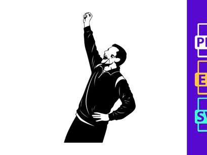A man in a tracksuit throwing his fist up in the air with excitement or defiance