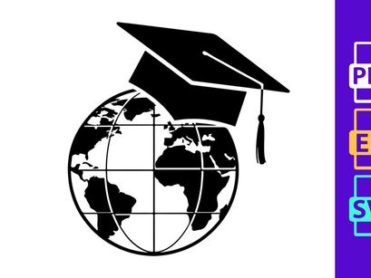 Global Education Graduation Cap on World Map Vector Icon