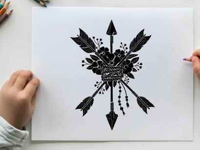 Silhouette of arrows and feathers with floral elements