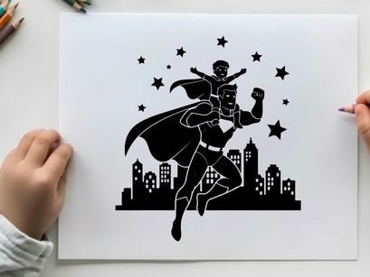 Superman silhouette flying over cityscape at night with stars