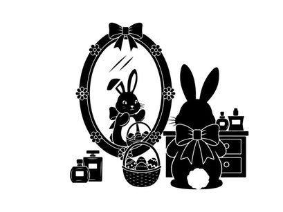 Easter bunny silhouette admires reflection in ornate mirror with bow