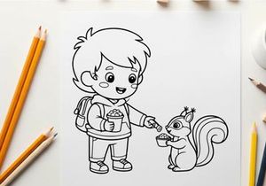 Boy feeding squirrel flat design vector illustration
