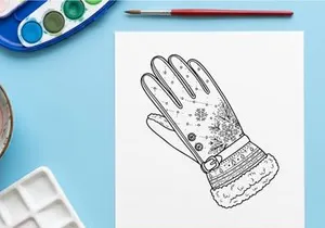 Winter glove line art illustration with snowflake pattern and fur cuff for Christmas design