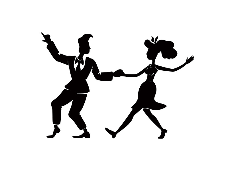Retro woman and man dancing energy jive black silhouette vector illustration