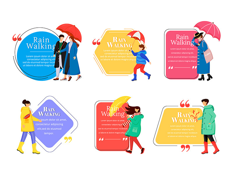 Rain walking flat color vector character quotes set