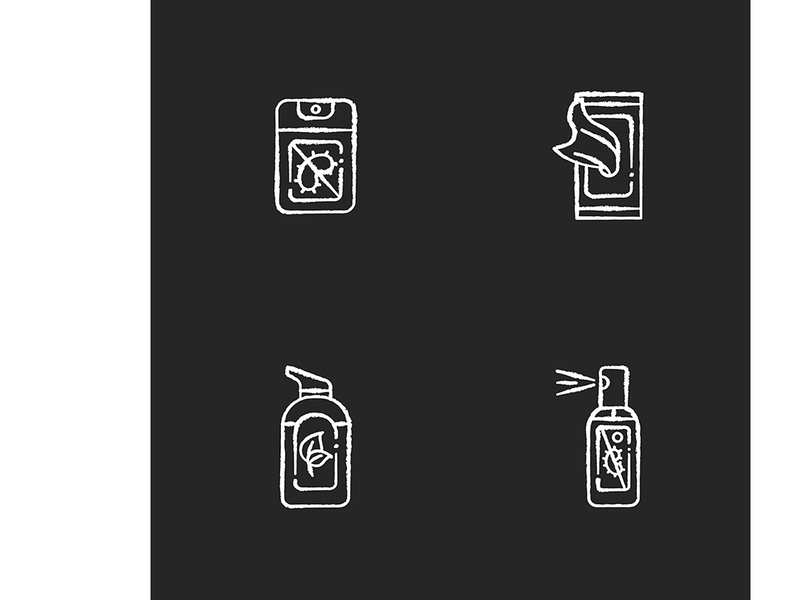 Antibacterial hand sanitizers chalk white icons set on black background
