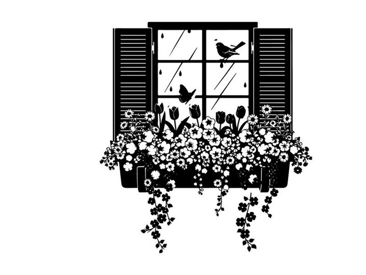 Silhouette of flowers and birds outside a window