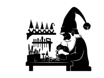 Silhouette of a gnome working on a toy in his workshop at night preview picture