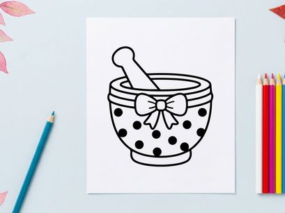 Mortar and pestle with polka dot pattern for herbal remedies. Traditional apothecary tool for grinding spices, medicine, or natural ingredients.