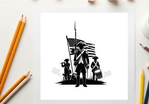 Revolutionary war soldiers with american flag silhouette