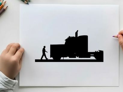 Silhouette of a man walking beside a large semi truck