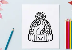 Winter knit beanie hat with pom pom and star icon, black and white coloring page design.