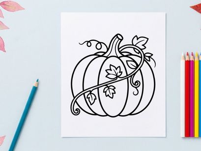 Ilustración decorativa de calabaza para diseños de otoño y Halloween. Motivo artístico de cosecha otoñal con vides y hojas ondulantes.