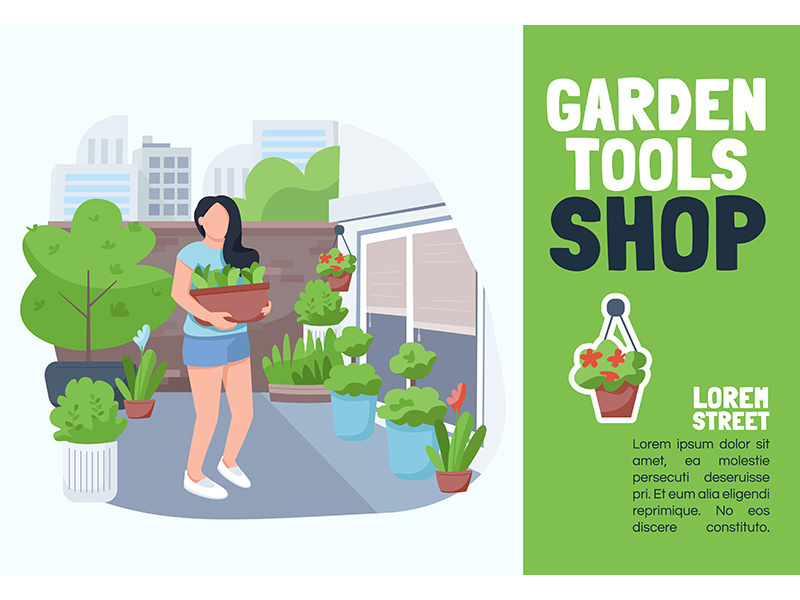 Garden tools shop banner flat vector template