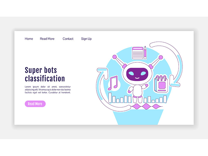 Super bots classification landing page flat silhouette vector template