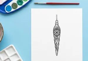 Christmas tree ornament icicle decoration, hand drawn black and white festive bauble art.