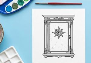 Christmas star inside a vintage wooden cabinet frame with ornate decorative details