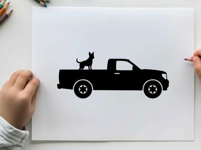 Silhouette of a pickup truck with a dog in the bed