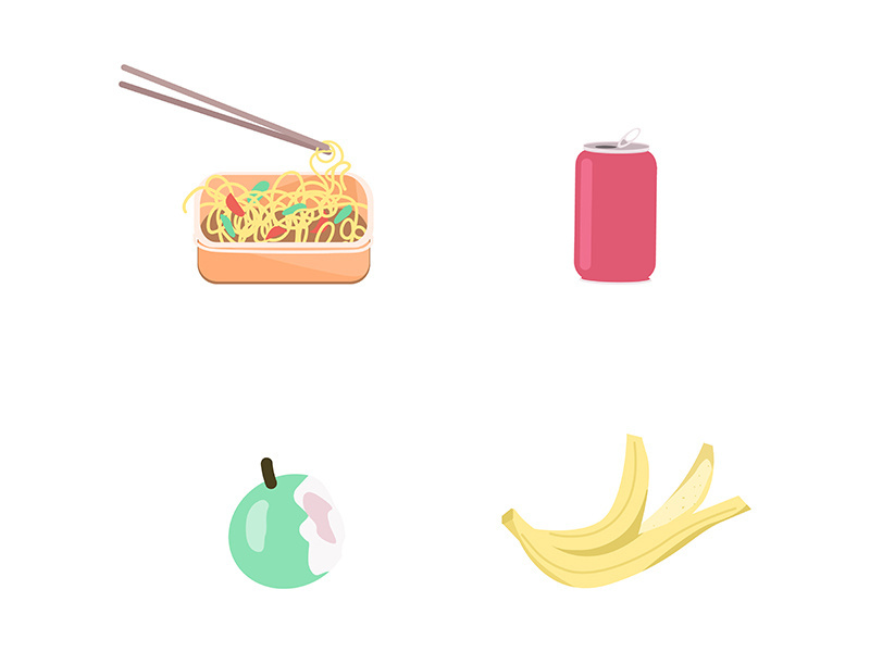 Food waste flat color vector objects set