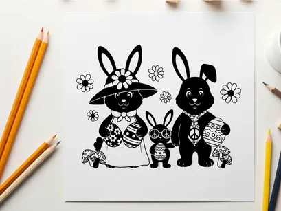 Easter bunny silhouette with flowers and eggs