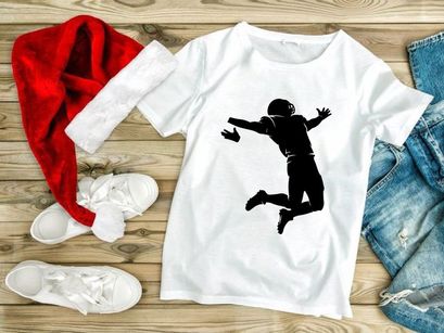 A person jumping in the air with arms outstretched in a dynamic pose