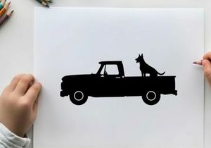 Silhouette of a dog sitting in the back of a pickup truck