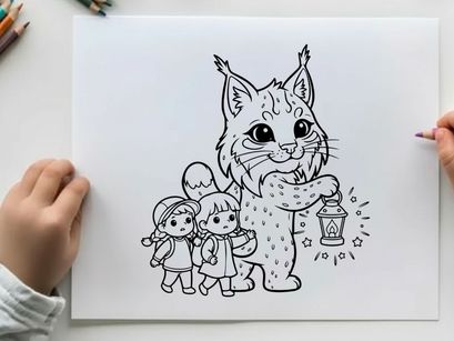 Cute lynx with kids holding lantern vector illustration