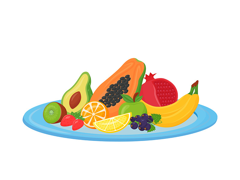 Fresh fruits on plate cartoon vector illustration